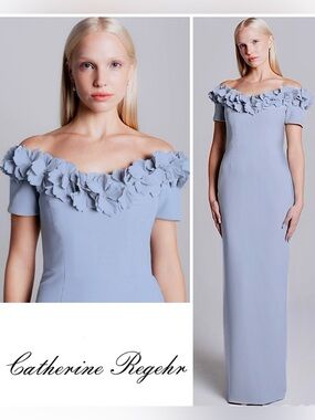 CATHERINE REGEHR Off shoulder gown with floral detail mangolia V-neck Dress